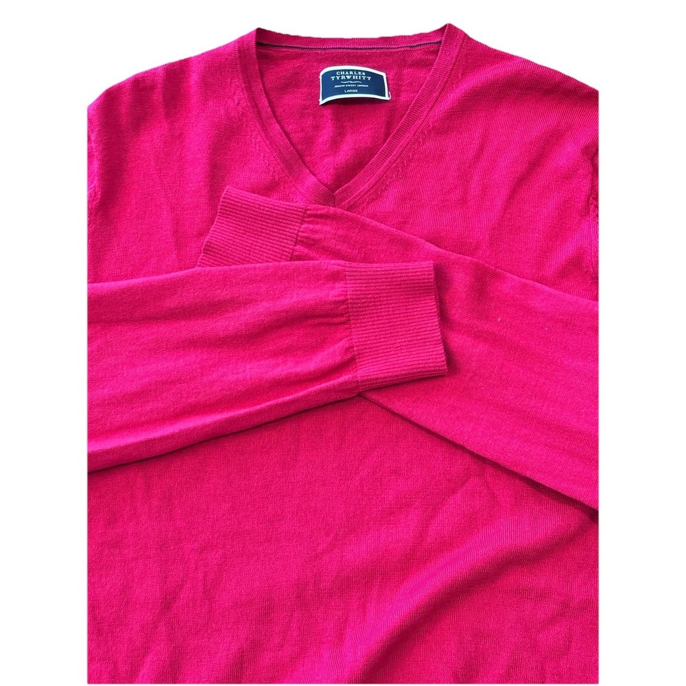 Charles Tyrwhitt Mens L Pink V Neck Extra Fine Merino Wool Pullover Sweater